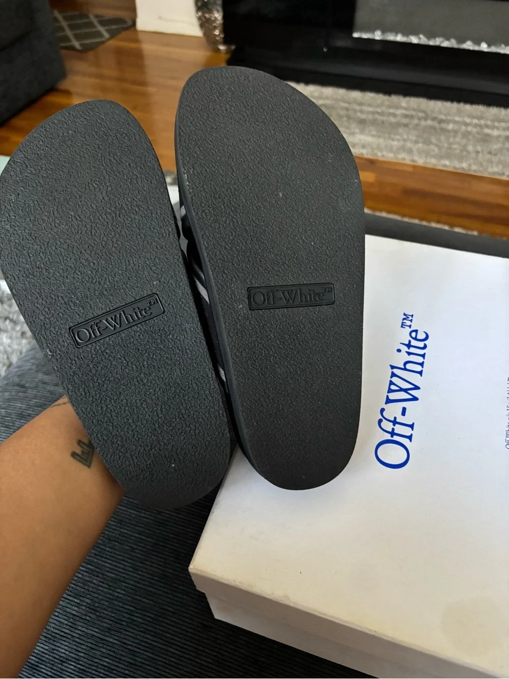 Off-White Black and Gray Cross-Strap Logo Slides